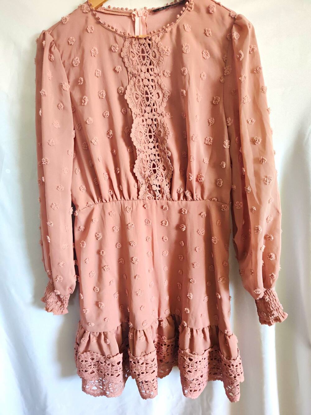 Simplee Solid Pink Round Neck Long Sleeve Lace Ruffle A-Line Short Dress Lace